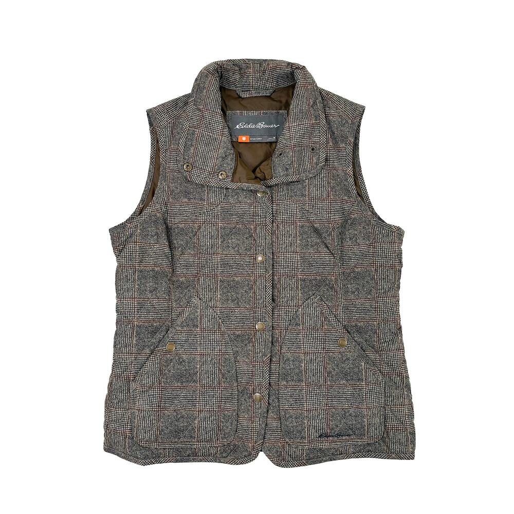 Eddie Bauer Quilted Plaid Puffer Vest Womens M Brown Sport Shop Equestrian EUC